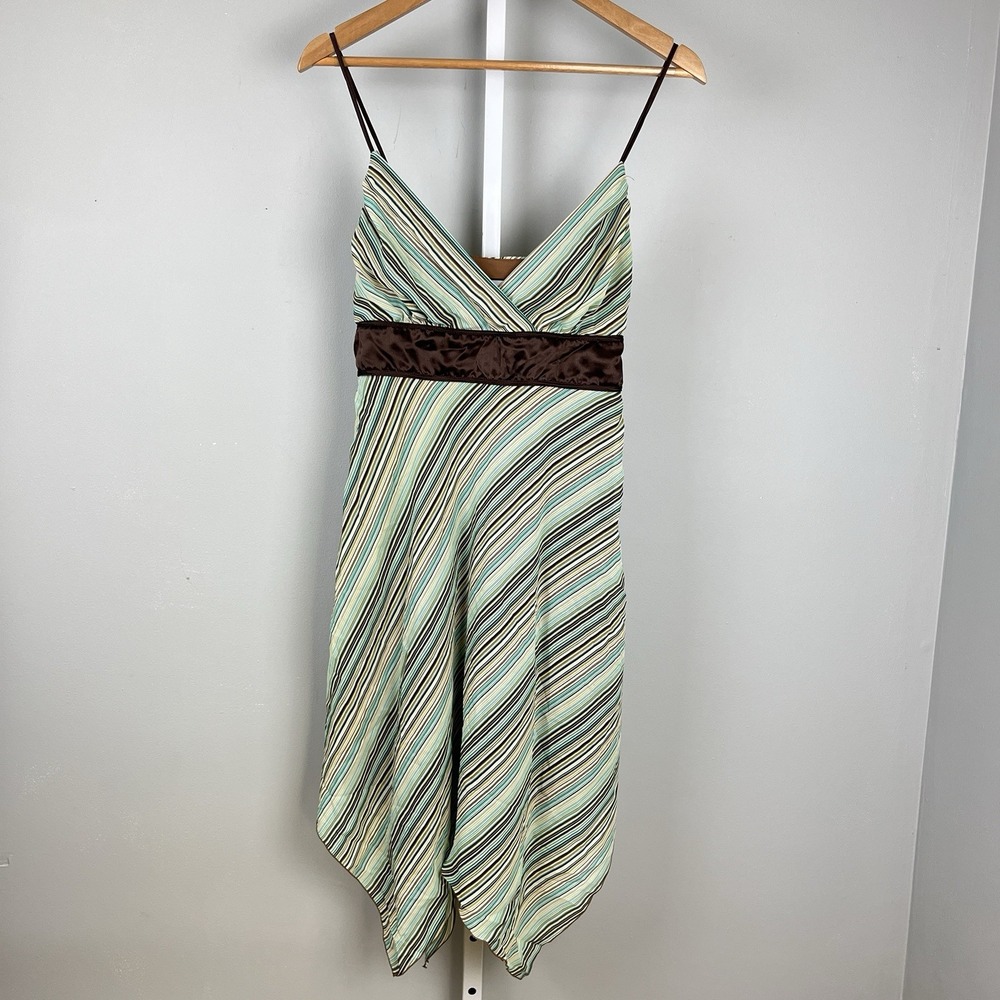 Vintage Breakin Loose Dress Womens 6 Aqua Brown Stripe Asymmetric‎ Hem Y2K